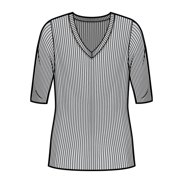Jersey de punto acanalado con cuello en V ilustración técnica de moda con mangas de codo, cuerpo sobredimensionado, longitud de túnica. — Vector de stock