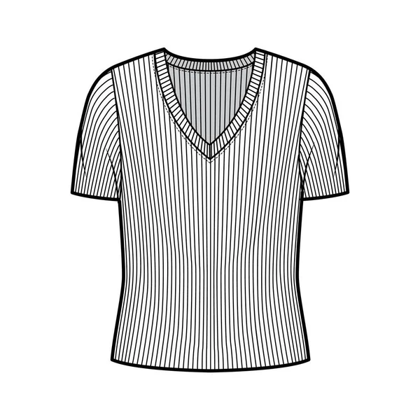 Jersey de punto acanalado con cuello en V ilustración técnica de moda con mangas cortas en las costillas, cuerpo sobredimensionado. — Archivo Imágenes Vectoriales