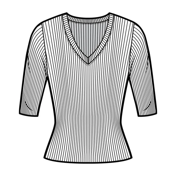 Camisola de malha com nervuras em V neck ilustração de moda técnica com mangas de cotovelo, forma de ajuste próximo . —  Vetores de Stock