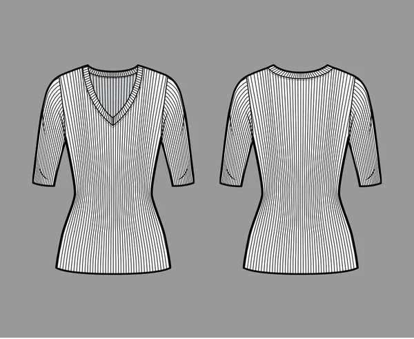 Tırtıklı V yaka örgü süveter, dirsek kollu, kısa biçimli, tunik uzunluklu teknik moda çizimi.. 