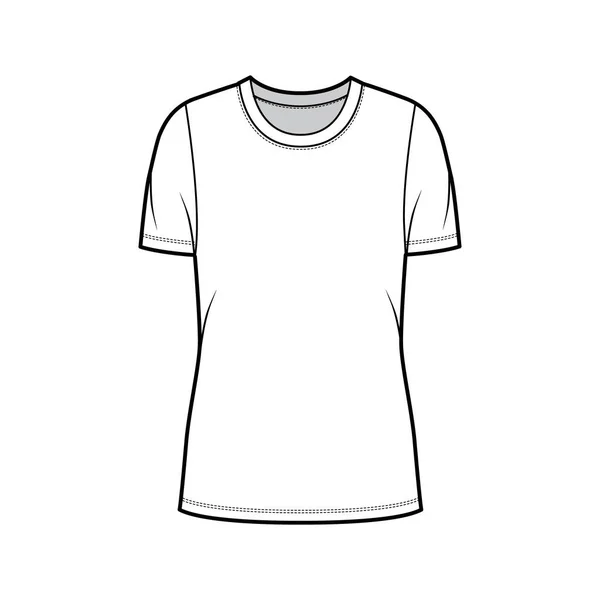 T-Shirt mit Rundhalsausschnitt technische Modeillustration mit kurzen Ärmeln, übergroßer Körper, Tunika-Länge. — Stockvektor