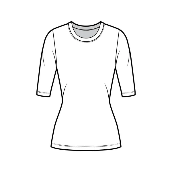 Rundhalsausschnitt Jersey Pullover technische Mode Illustration mit Ellenbogenärmeln, eng anliegende Form, Tunika Länge. — Stockvektor