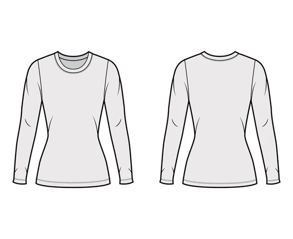 Crew neck dres svetr technické módní ilustrace s dlouhými rukávy, těsně padnoucí tvar, délka tuniky. — Stockový vektor