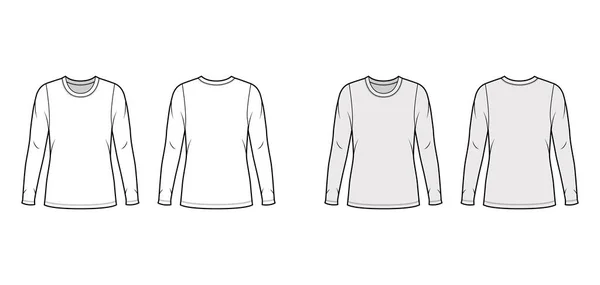 Crew neck tröja teknisk mode illustration med långa ärmar, överdimensionerad kropp, tunika längd. — Stock vektor