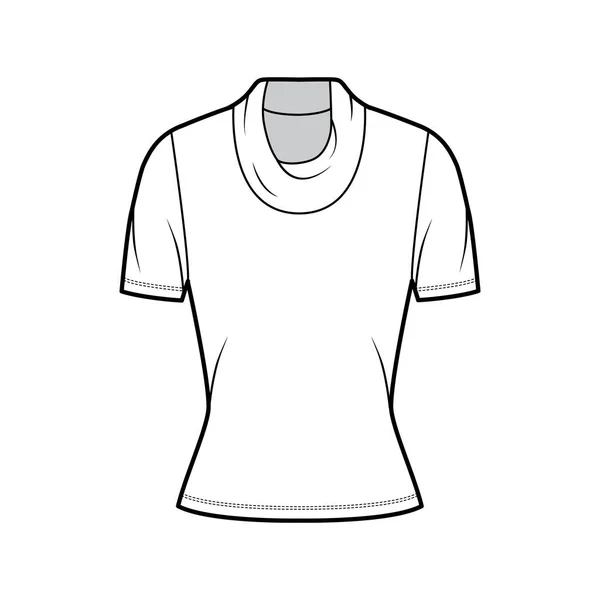 Maglia a collo alto Cowl jersey illustrazione tecnica di moda con maniche corte, forma aderente. — Vettoriale Stock