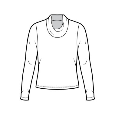 Kapüşonlu balıkçı yaka kazak. Uzun kollu, geniş vücutlu teknik moda illüstrasyonu. 