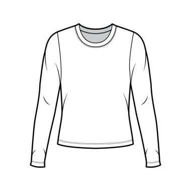 Tayfa yakalı kazak. Uzun kollu, geniş vücutlu teknik moda illüstrasyonu. 