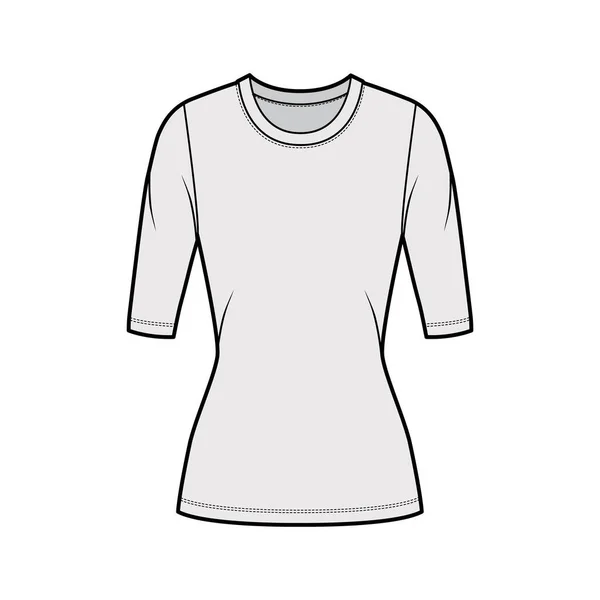 Tripulação pescoço camisola camisola técnica moda ilustração com mangas de cotovelo, forma close-fitting, comprimento túnica . —  Vetores de Stock