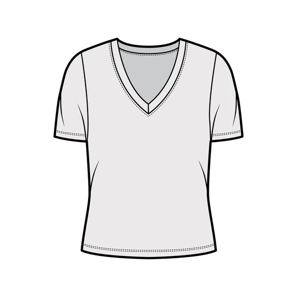 Camiseta de jersey de cuello en V profundo ilustración técnica de moda con mangas cortas, cuerpo sobredimensionado. — Vector de stock