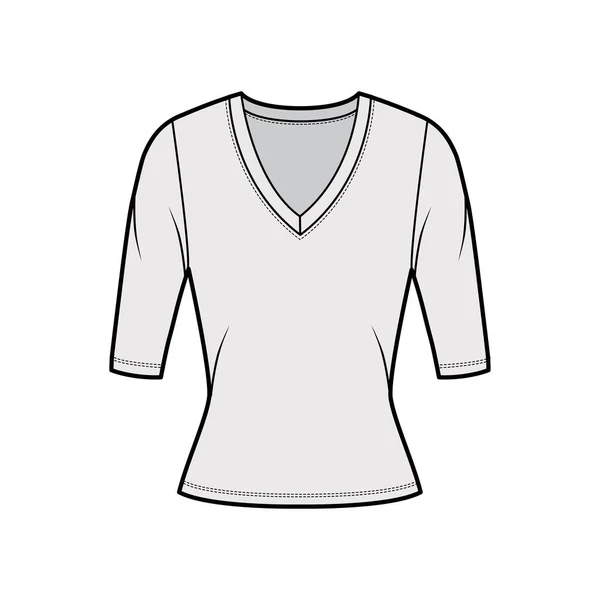 Jersey profundo con cuello en V suéter ilustración técnica de moda con mangas de codo, forma ajustada. — Archivo Imágenes Vectoriales