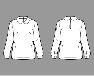 Yuvarlak yakalı bluz, silueti gevşek, uzun kollu, düğmeli anahtar deliği olan teknik moda çizimi..