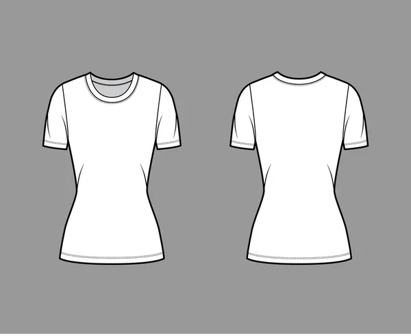 Camiseta de jersey de cuello redondo ilustración técnica de moda con mangas cortas, forma ajustada, longitud de túnica — Vector de stock