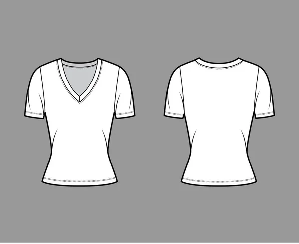 Deep V-neck jersey t-shirt technical fashion illustration with short sleeves, close-fitting shape. — Stock Vector