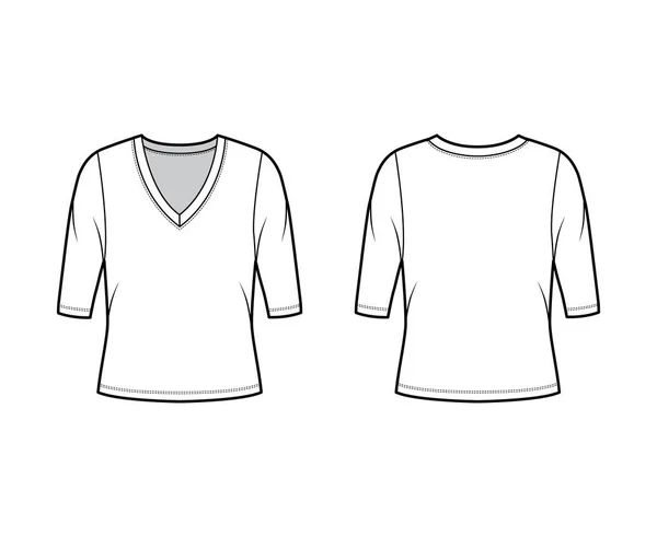 Глубокая V-образный свитер свитер техническая мода иллюстрация с локтевыми рукавами, крупногабаритное тело. — стоковый вектор