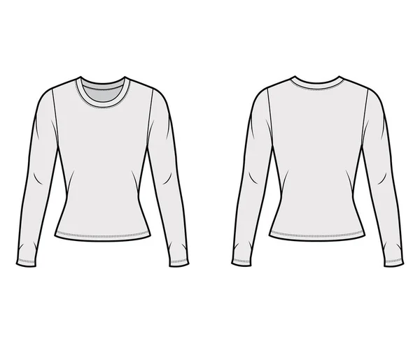 Rundhalsausschnitt Jersey Pullover technische Mode Illustration mit langen Ärmeln, eng anliegende Form. — Stockvektor