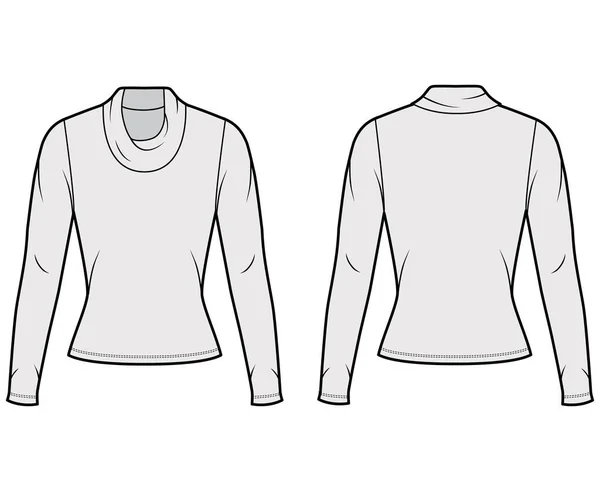 Maglia a collo alto Cowl jersey illustrazione tecnica di moda con maniche lunghe, forma aderente — Vettoriale Stock