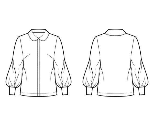 Lång biskop ärm skjorta teknisk mode illustration med rund krage, främre knapp-infästning, lös silhuett — Stock vektor