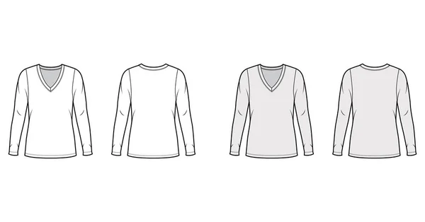 Camisola de pescoço profundo em V técnica de moda ilustração com mangas compridas, corpo de grandes dimensões, comprimento túnica . — Vetor de Stock