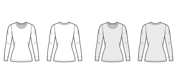 Crew neck tröja teknisk mode illustration med långa ärmar, tät passform, tunika längd. — Stock vektor