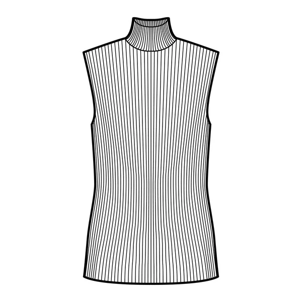 Turtleneck rib sweater technical fashion illustration with oversized tunic length body, sleeveless jumper. — Stock Vector