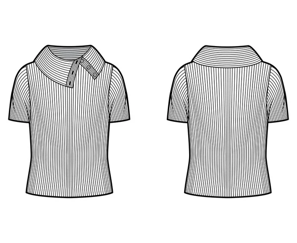 Suéter de punto acanalado cuello alto con botones anchos ilustración técnica de moda con mangas de costilla cortas, cuerpo de gran tamaño. — Vector de stock