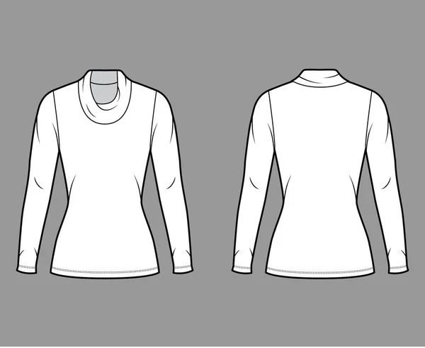 Cowl turtleneck jersey trui technische mode illustratie met lange mouwen, nauwsluitende vorm, tuniek lengte — Stockvector