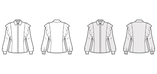 Camisa técnica de moda ilustración con cuerpo ajustado, cuello redondo con soporte, volantes y mangas largas con puño. — Vector de stock