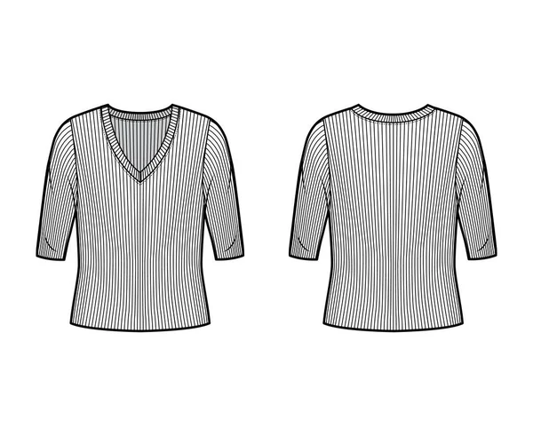 Jersey de punto con cuello en V acanalado ilustración técnica de moda con mangas de codo, cuerpo sobredimensionado. — Vector de stock