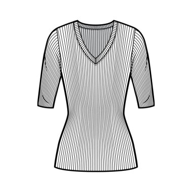 Tırtıklı V yaka örgü süveter, dirsek kollu, kısa biçimli, tunik uzunluklu teknik moda çizimi.. 