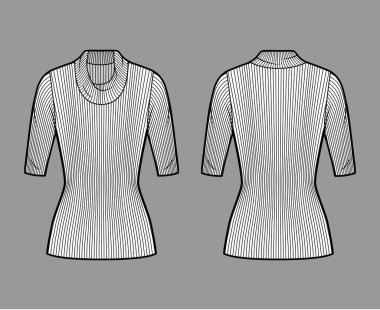 Tırtıklı balıkçı yaka kazak. Dirsek kollu, kısa biçimli, tunik uzunluklu teknik moda illüstrasyonlu.