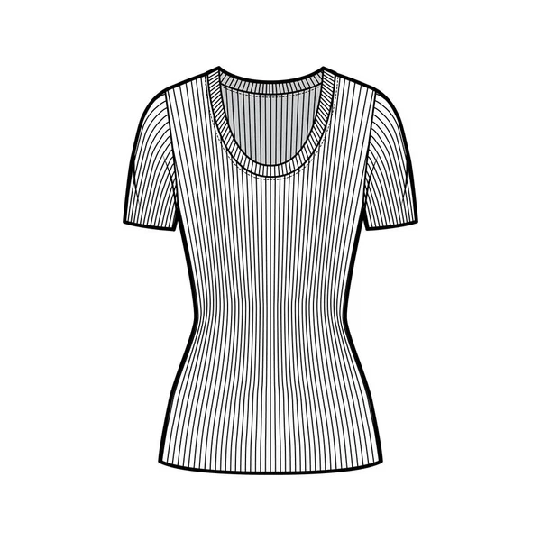 Jersey de punto de cuello redondo acanalado ilustración técnica de moda con mangas de costilla cortas, forma ajustada, longitud de túnica — Archivo Imágenes Vectoriales