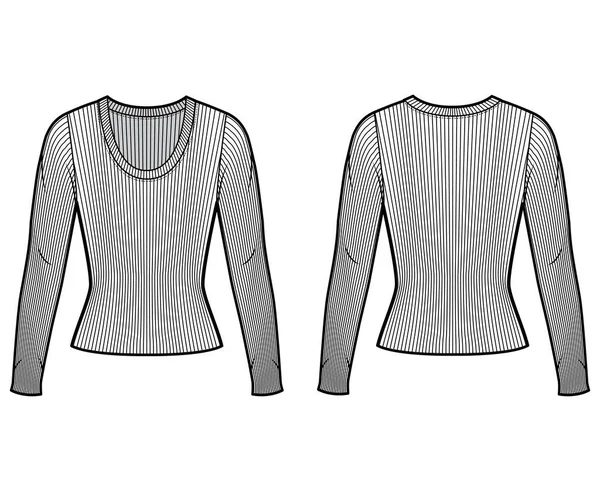 Žebrovaný výstřih pletený svetr technická módní ilustrace s dlouhými rukávy, přiléhavý tvar. — Stockový vektor