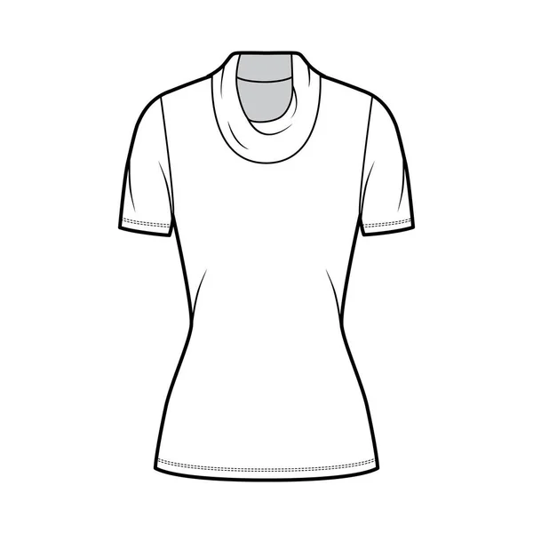 Cowl turtleneck jersey tröja teknisk mode illustration med korta ärmar, tät passform, tunika längd. — Stock vektor