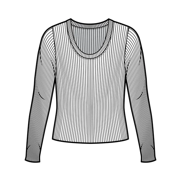 Jersey de punto de cuello redondo acanalado ilustración técnica de moda con mangas largas, cuerpo de gran tamaño — Archivo Imágenes Vectoriales
