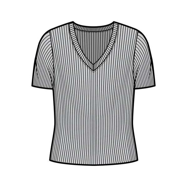 Jersey de punto acanalado con cuello en V ilustración técnica de moda con mangas cortas en las costillas, cuerpo sobredimensionado. — Archivo Imágenes Vectoriales