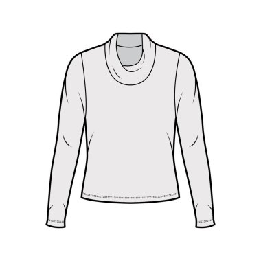 Kapüşonlu balıkçı yaka kazak. Uzun kollu, geniş vücutlu teknik moda illüstrasyonu. 