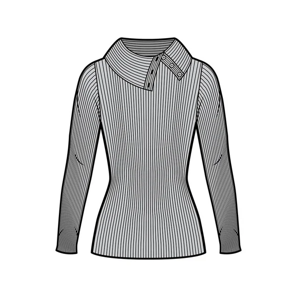 Široký knoflík-up rolák žebrovaný-pletený svetr technické módní ilustrace s dlouhými rukávy, délka tuniky. — Stockový vektor