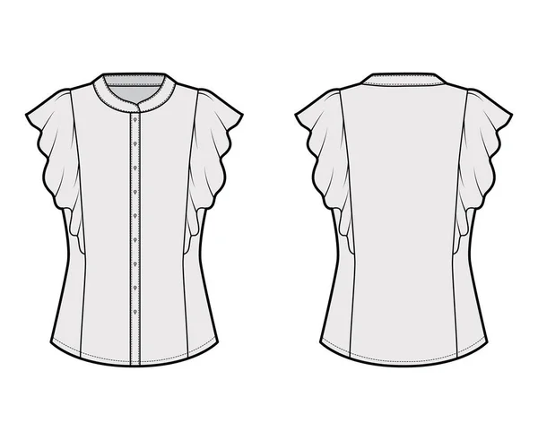 Camisa técnica de moda ilustración con cuerpo ajustado, cuello de mandarina, cierre de botón delantero, mangas con volantes. — Archivo Imágenes Vectoriales