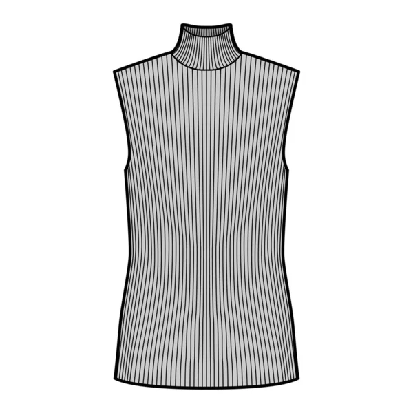 터틀넥 갈비에는 기술적 인 패션의 예를 보여 주는 소매없는 점퍼인 튜닉 길이의 몸통이 있다. — 스톡 벡터