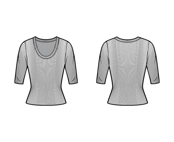 Camisola de malha de pescoço de colher com nervuras ilustração de moda técnica com mangas de cotovelo, forma de encaixe . — Vetor de Stock