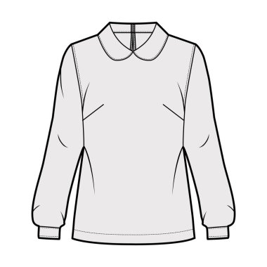 Yuvarlak yakalı bluz, silueti gevşek, uzun kollu, düğmeli anahtar deliği olan teknik moda çizimi..