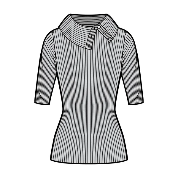 Ampia button-up collo alto a costine maglia maglione tecnico illustrazione di moda con maniche a gomito, lunghezza della tunica. — Vettoriale Stock