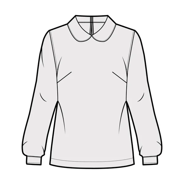 Круглый воротник блузка техническая мода иллюстрация с свободным силуэтом, длинный рукав, задняя кнопка крепления замочной скважины. — стоковый вектор