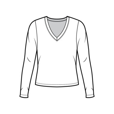 Derin V yakalı kazak. Uzun kollu, büyük beden ölçülerinde teknik moda illüsü. 