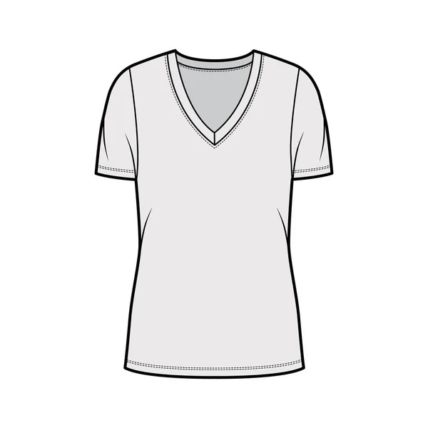 Deep V-hals jersey t-shirt technische mode illustratie met korte mouwen, oversized lichaam, tuniek lengte. — Stockvector