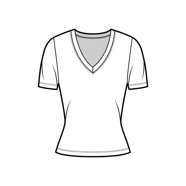 Camiseta de jersey de cuello en V profundo ilustración técnica de moda con mangas cortas, forma ajustada. — Vector de stock