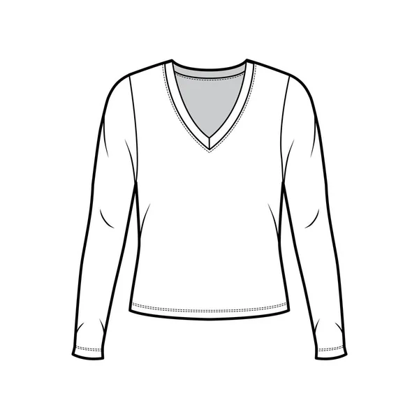 Tief V-Ausschnitt Jersey Pullover technische Mode Illustration mit langen Ärmeln, übergroßen Körper — Stockvektor