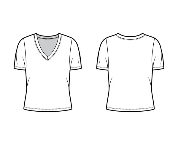T-shirt col V profond en jersey illustration de mode technique à manches courtes, corps oversize. — Image vectorielle