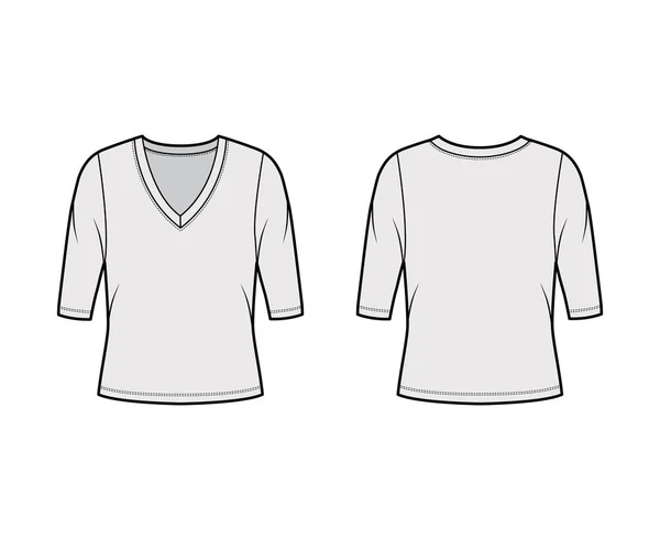 Camisola de pescoço profundo em V técnica de moda ilustração com mangas de cotovelo, corpo de grandes dimensões . — Vetor de Stock