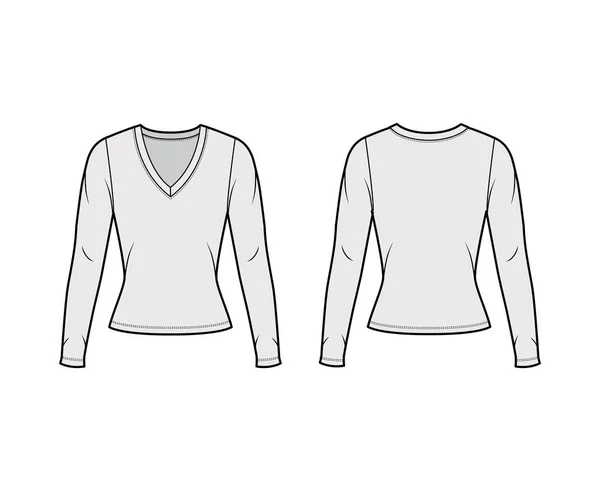 Camisola de gola em V profunda técnica de moda ilustração com mangas compridas, forma de encaixe próximo . —  Vetores de Stock